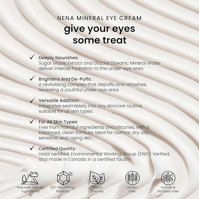 NENA Skincare Mineral Eye Cream - Hydrating Under Eye Cream for Dark Circles - Reduces Appearance of Puffiness with Canadian Glacial Water - 0.5 oz.