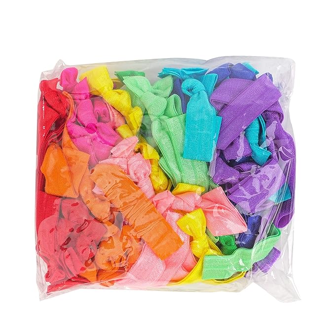 MEEDEE 100 Pack Rainbow Elastic Hair Ties: No Crease, Soft Ribbon Knotted Ponytail Holders for Women, Ouchless Yoga Bracelets