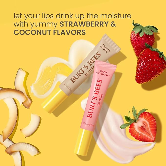 Burt’s Bees Stocking Stuffers, Lip Milk, Daily Lip Moisturizer, Sweet Strawberry, Vitamin Enriched Moisturizing Lip Balm with Almond Milk and Jojoba Oil, Hydrating for Softer Lips, 1 Tube, 0.34 Fl Oz