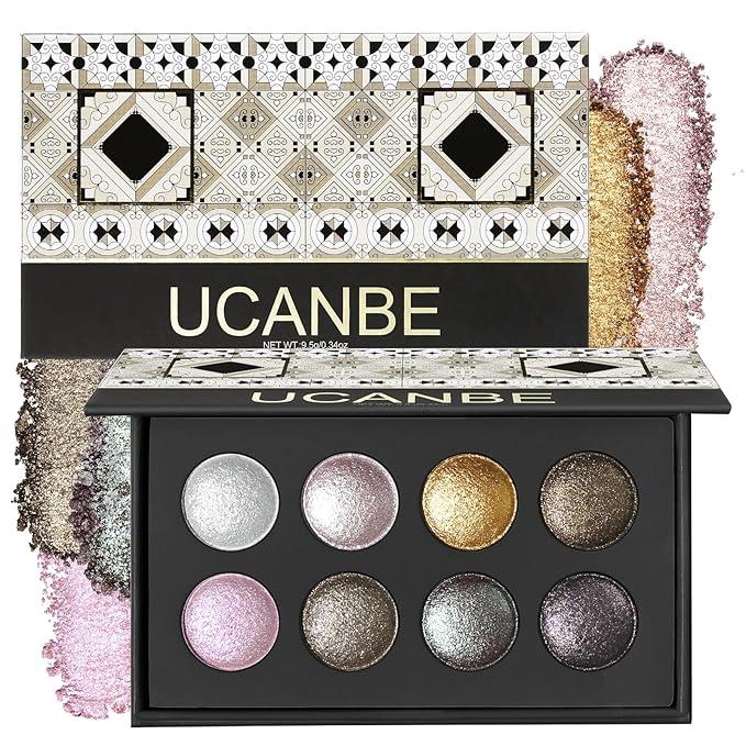 UCANBE 8 Color High-Intensity Baked Shimmer Eyeshadow Palette - Metallic Diamond-Like Shimmer, Highly Pigmented, Smooth & Blendable Formula for Dramatic & Radiant Eye Makeup (03 All Metallic)