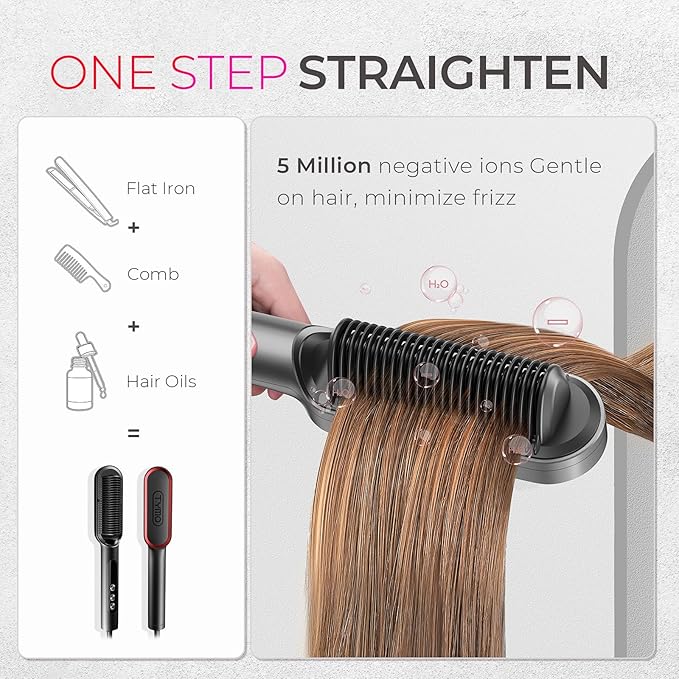 TYMO Ring Plus Ionic Hair Straightener Brush - Straightening Comb with Negative Ions for Women, Titanium Coating, 9 Temp Settings & LED Display, Dual Voltage, Professional Styling Tools