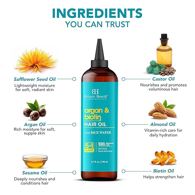 Botanic Hearth Hair Oil for Hair Growth | Strengthening Dry, Frizzy, Damaged Hair & Scalp Treatment | No Parabens or Harmful Sulfates | All Hair Types | Argan & Biotin Hair Oil - 6.7 Fl Oz