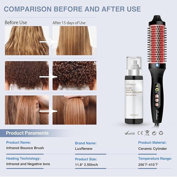 Infrared Bounce Brush, Heated Thermal Round Brush with Negative Ion Technology, 10 Heat Settings for Blowout Look with Hair Care Oil, Straightening & Curling, Suitable for All Hair Types, Black