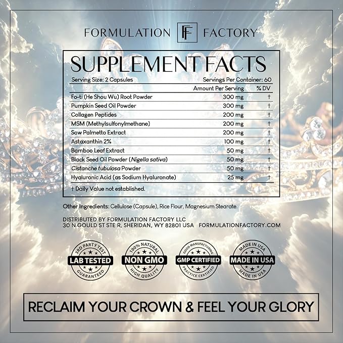 Formulation Factory Crown of Glory 10-in-1 Hair Growth Maximizer, DHT Blocker with Saw Palmetto, Fo-Ti, Collagen, Pumpkin Seed Oil & More, Supports Hair & Scalp Health (4 Month Supply, 240 Capsules)