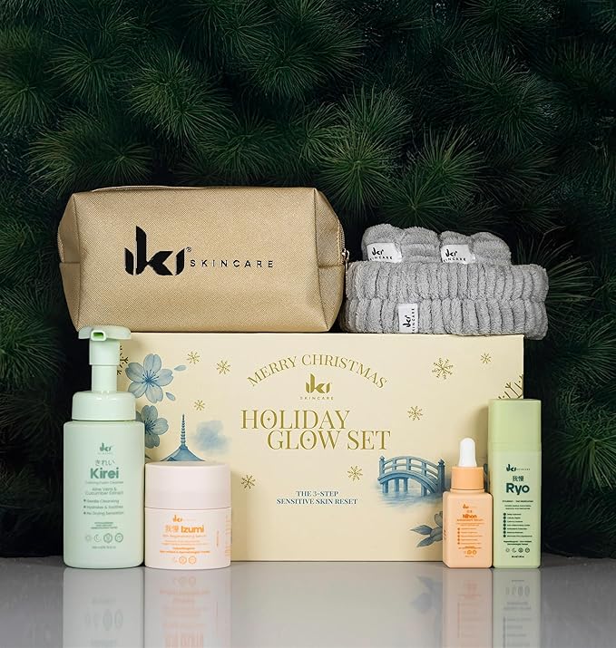 IKI Christmas Skin Care Set - 3-Step Sensitive Skin Reset with Foam Cleanser, 2 Serums, Gel Moisturizer, Soft Headband and Wristband and Travel Bag