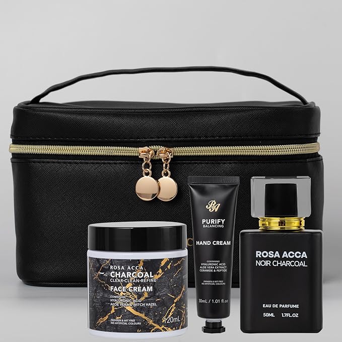 33 Pcs Charcoal Skin Care for Women & Men, Bath & Body Gift Set, Spa Kit, Face Sheet Mask, Hydrogel Mask, Leather Bag, Face Serum, Cleanser, Parfume, Bath Bomb, Valentine's Day, Anniversary, Birthday