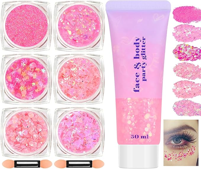 Pink Face and Body Hair Glitter Gel, Party Concerts Cheer Face Paint Holographic Chunky Festival Rave Accessories Glitter Makeup, 6 Kinds of Sparkling Sequins for Hair Nail Eye Lip Body