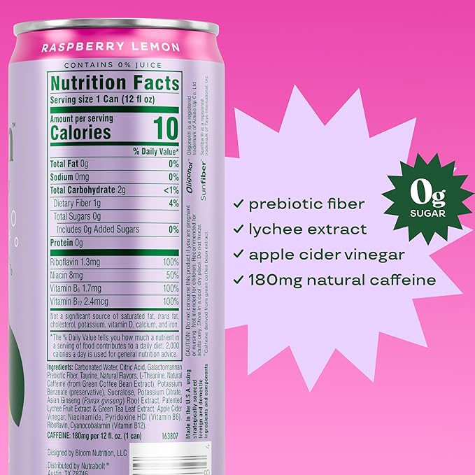 Bloom Nutrition Sparkling Energy Drink for Focus, Natural Caffeine, Zero Sugar, 180mg Caffeine, Antioxidant-Rich with Green Coffee Bean, Green Tea Extract, & Prebiotics, Raspberry Lemon 12oz 12 Pack