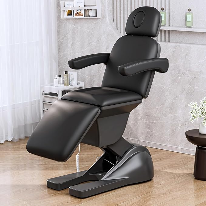 3 Motor Electric Esthetician Bed, Fully Electric Facial Chair with Adjustable Height, Backrest and Footrest, Spa Chair with Armrest & Heavy Duty Base, PU Leather for Spa, Tattoo, Eyelash and So On