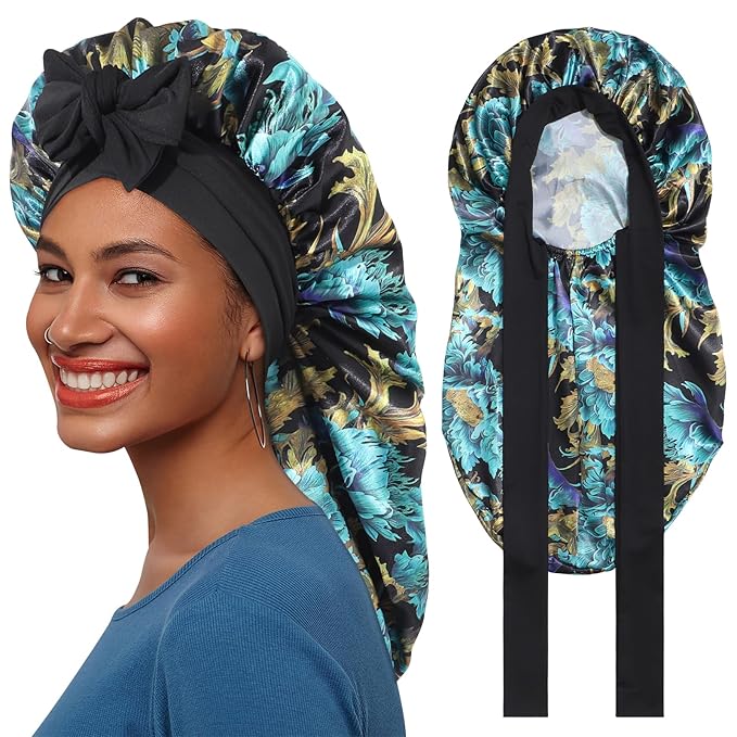 AWAYTR Long Satin Bonnet for Braids - Elastic Silk Hair Bonnets for Sleeping Night Cap Stretchy Tie Band for Women(Print)