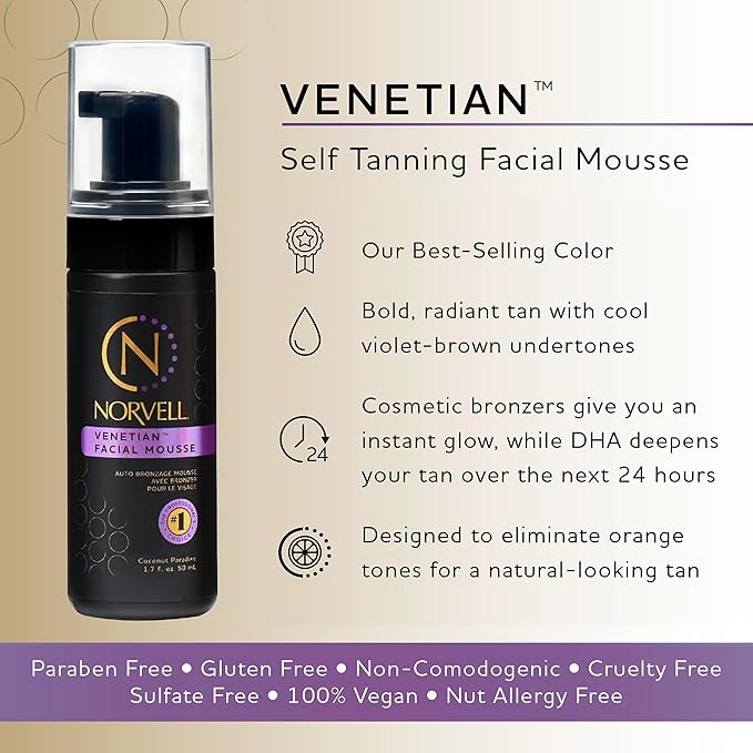 Norvell Venetian Sunless Facial Self Tanner Mousse with Bronzer 1.7 fl oz – Instant Natural Looking Fake Tan, Anti Orange, Streak Free, Long Lasting Sunless Bronzing Glow