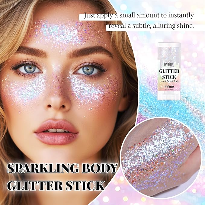 DAGEDA Dazzle Body Glitter Stick,Sparkly Face Glitter Makeup,Holographic Hair Glitters Mermaid Makeup Rave Outfits for Women, Shimmer Face Paint Stick Singer Concert Accessories