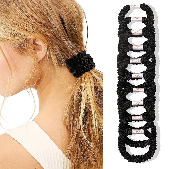Hair Ties Silk Satin Scrunchies - Small Mini Thin Elestics Ponytail Holder Hair Bands Skinny Scrunchy For Thick Curl Hair No Crease Hair Ties Soft Accessories No Hurt Your Hair for Women and Girls (Black)