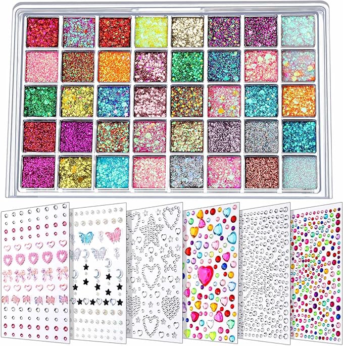 FANDAMEI Face Glitter Face Gems, 40 Colors Glitter Gel Palette with 6 Sheets Self Adhesive Hair Gems, Face Jewels for Women. Face Rhinestones Pearls for Women, Body Hair Glitter