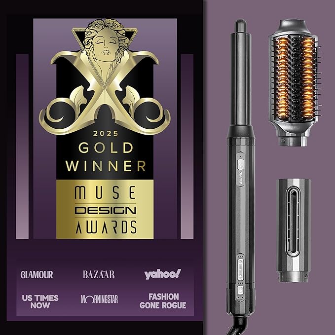 GLAMUP® FusionPro™ 6 in 1 Hot Air Styler- Wrap Curler & Thermal Brush Straightener, High Speed Hair Dryer, Round Brush, Volumizer, Hair Styling Gift Set with Travel Bag, Blow Dryer Brush