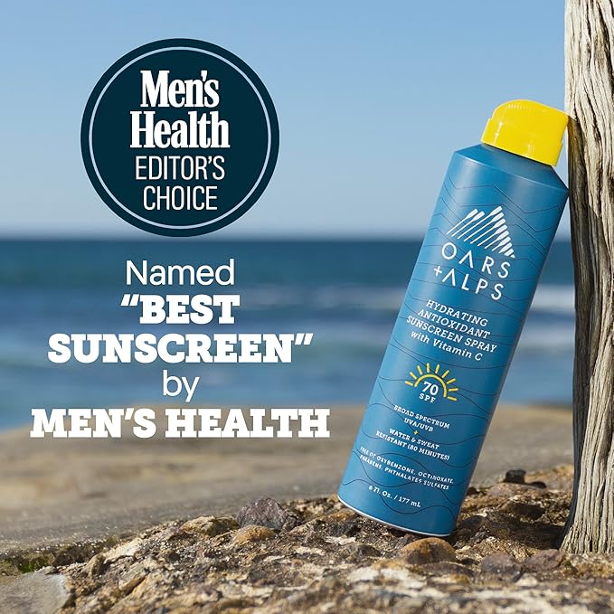 Oars + Alps Sunscreen Spray for Face & Body Spray Sunscreen Infused with Vitamin C & Antioxidants, No White Residue, Water & Sweat Resistant, All Skin Types, Lightweight, Hydrating, SPF 70, 6 Oz, 2pk