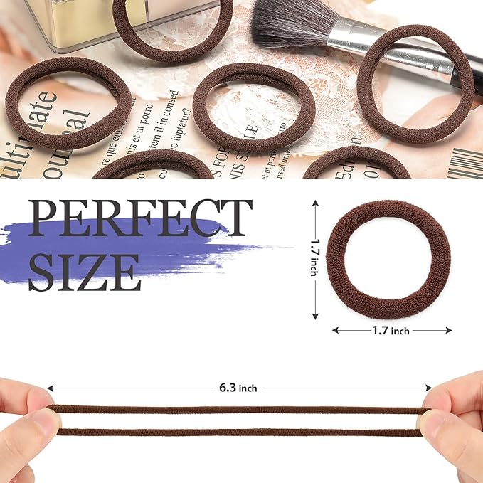 50Pcs Brown Hair Ties for Women Girls,Cotton Seamless Hair Ties, Soft Ponytail Holders,No Crease No Damage Elastics Hair Bands with Box for Thick Heavy and Curly Hair (Brown)