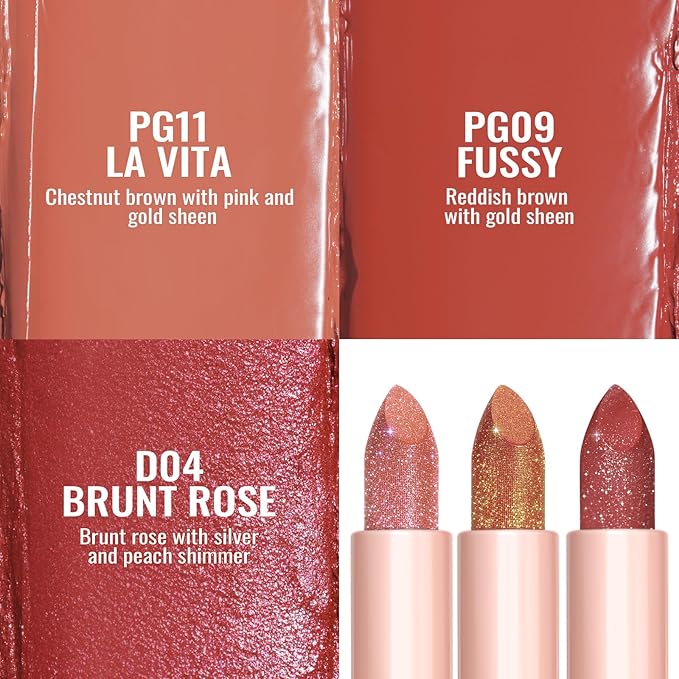 Oulac Moisture Shine Lipstick Set 3PCS - Infinity High Shine Finish, Hydrating Vegan Lipstick Infused with Damask Rose Oil for All-Day Comfort, Gluten-Free, PG11+PG09+D04