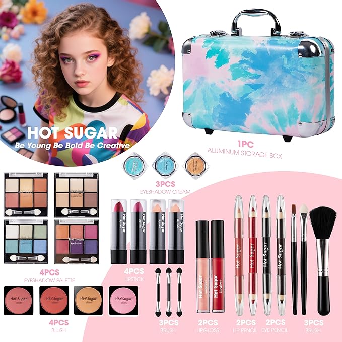 Hot Sugar All In One Makeup Set for Adults and Girls-Full Makeup Kit for Beginners Includes Eye Shadow Palette Blush Lip Gloss Lipstick Lip Pencil Eye Pencil Brush Mirror (Blue Tie-Dye)