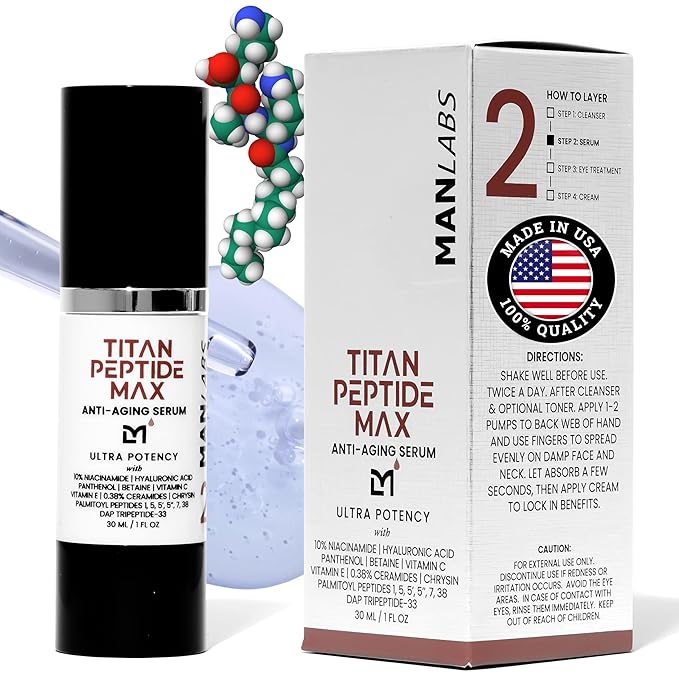 Titan MAX Anti-Aging Peptides Serum for Face – Ultra Potency Mens Peptide Serum Moisturizer – Mens Skin Care – Men, Dark Spots, Wrinkles, Fine Lines – Peptides, 10% Niacinamide, HA –Unscented