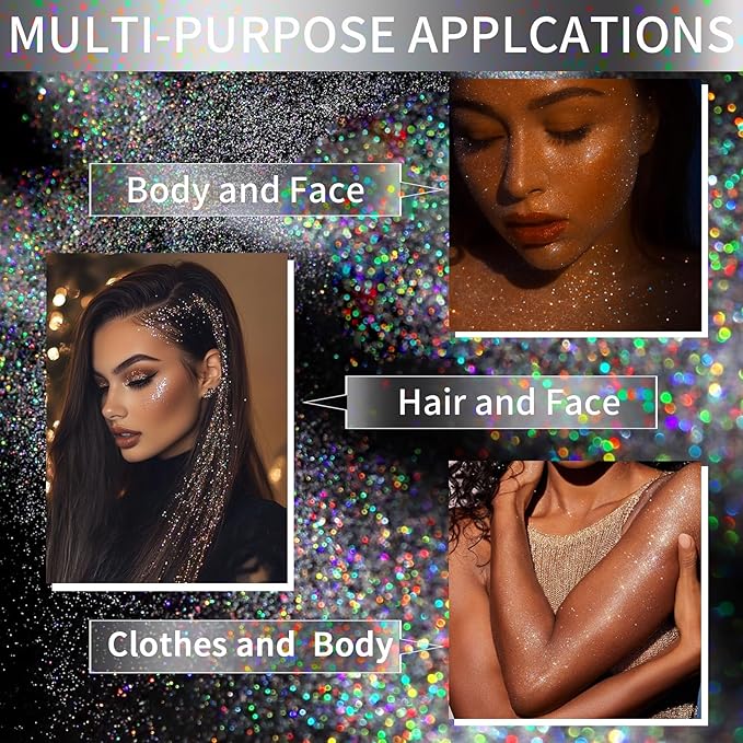 Hair Glitter, 2PCS Body Glitter Spray Glitter Hairspray for Kids Women, Long-Lasting Quick-Drying Holographic Glitter Spray for Hair and 8.4 Fl OZ (Holo Silver+ Holo Silver)