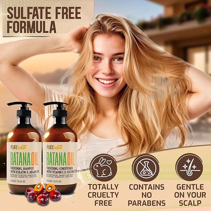 Batana Oil Shampoo and Conditioner Set - Thickening, Sulfate Free Formula for Women and Men - Volumizing, Moisturizing, Professional Salon Care Products for Fine, Thinning Hair - 16 Fl Oz (Pack of 2)