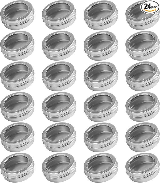 24 Pack 2 Ounce Screw Top Aluminum Tin Jar with Screw Clear Lid and Blank Labels, Refillable 60ml Metal Containers for Lip Balms, Candles, Salves, Spices, Crafts (Silver)