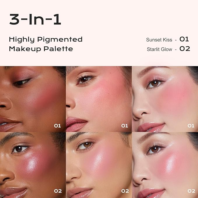 Color Nymph 3-IN-1 Face Palette, Ultra-Smoothy Creamy Blush Highlighter Bronzer Palette, Matte & Shimmer & Long-Lasting, Travel-Friendly Makeup Kits | Vegan & Cruelty-Free - Combo