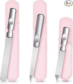 3 Pcs Stainless Steel Nail Files Kit with Leather Case, Double Sided Metal Nail Files with Anti-Slip Handle for Women and Men, Metal File Buffer Manicure Pedicure Tools for Fingernail Toenail(Pink)
