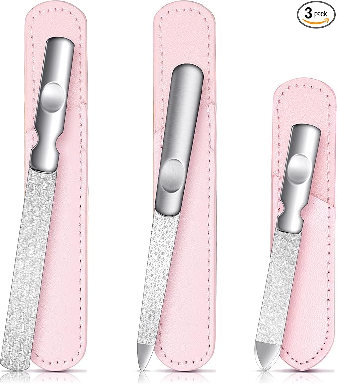 3 Pcs Stainless Steel Nail Files Kit with Leather Case, Double Sided Metal Nail Files with Anti-Slip Handle for Women and Men, Metal File Buffer Manicure Pedicure Tools for Fingernail Toenail(Pink)