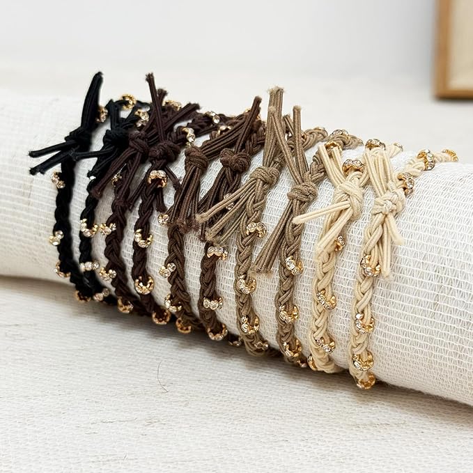 10pcs Braided Hair Ties with Gold & Crystal Beads, Elastic Hair Ties for Women, Neutral Colors