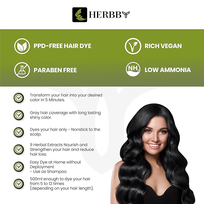 HERBBY Hair Color Shampoo for Gray Hair Coverage&Color Transform with 9 Herbal Extracts –Long Lasting(6-8 Weeks),Shiny,Evenly Colored,Instant Hair Dye Shampoo&Conditioner,500 Ml (NATURAL BLACK COLOR)