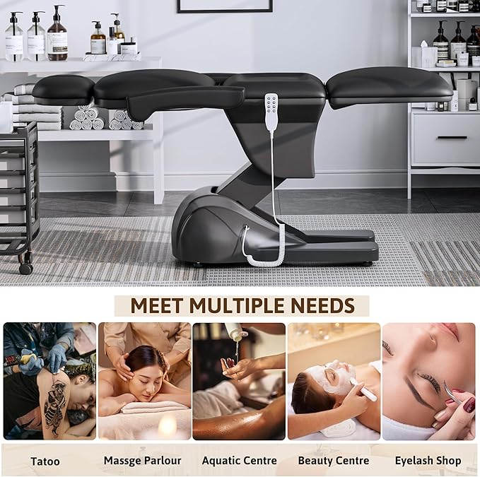 3 Motor Electric Esthetician Bed, Fully Electric Facial Chair with Adjustable Height, Backrest and Footrest, Spa Chair with Armrest & Heavy Duty Base, PU Leather for Spa, Tattoo, Eyelash and So On