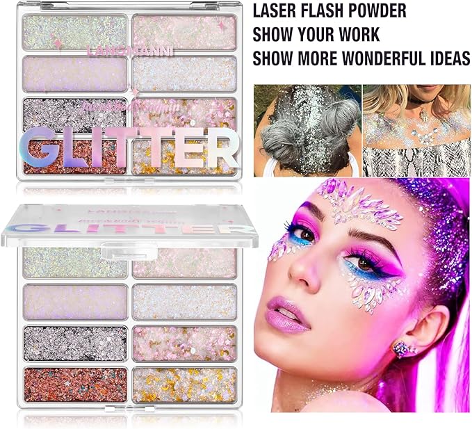 LANGMANNI 8 Colors Face & Body Glitter Palette - Holographic Changing Sparkling Mermaid Sequins for Women Girls Music Festival Party Rave Makeup(#A)