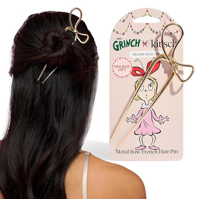 The Grinch x Kitsch Gold French Hair Pin with Bow Design - Durable Metal Hair Pin for Effortless Updos, Half-Up Style | Lightweight & Ideal Stocking Stuffers | Ideal Gifts for Women - 1pc