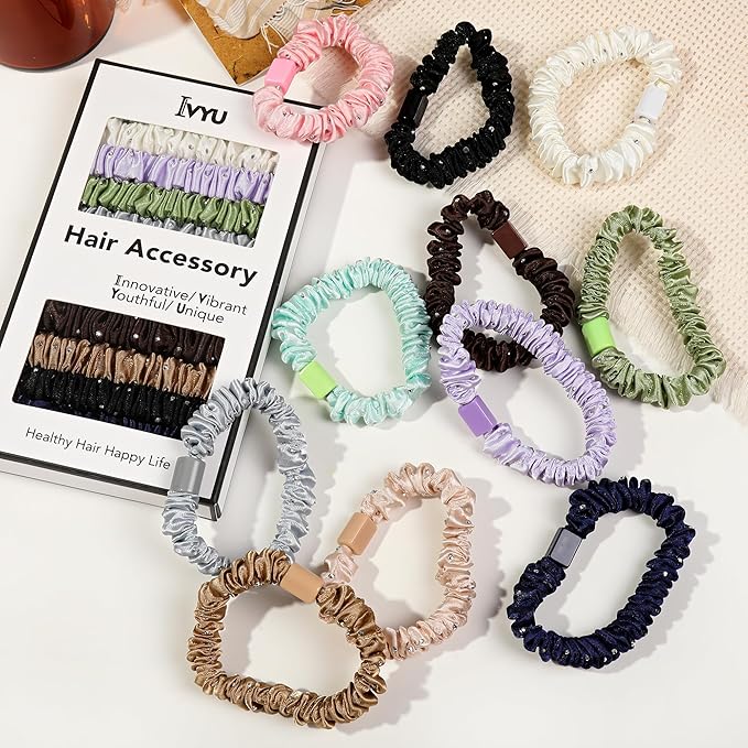 Scrunchies Silk Satin Hair Ties - Small Mini Thin Elestics Ponytail Holder Hair Bands Skinny Scrunchy For Thick Curl Hair No Crease Hair Ties Soft Accessories No Hurt Your Hair for Women and Girls