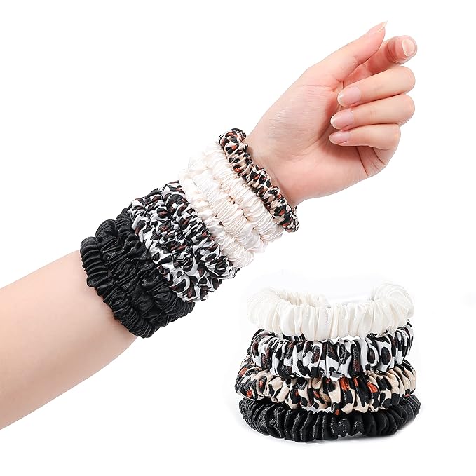 Hair Ties Silk Satin Scrunchies - Small Mini Thin Elestics Ponytail Holder Hair Bands Skinny Scrunchy For Thick Curl Hair No Crease Hair Ties Soft Accessories No Hurt Your Hair for Women and Girls (White Leopard Black)
