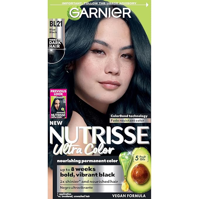 Garnier Hair Color Nutrisse Ultra Color Nourishing Creme, BL21 Reflective Blue Black (Blackberry Mojito) Permanent Hair Dye, 1 Count (Packaging May Vary)