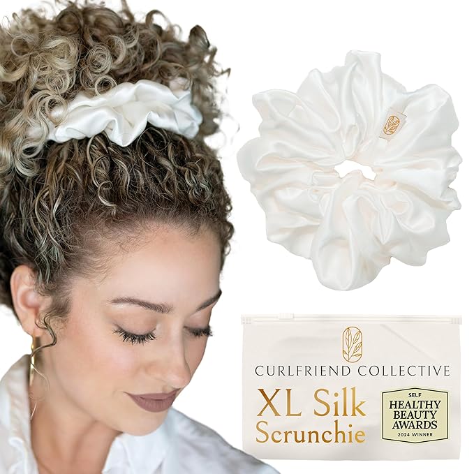 Silk Scrunchies for Women Ponytail Holders – Oversized Mulberry Silk Scrunchies – Extra Large No Damage Hair Ties for Curly, Thick, and Thin - Hair Accessories for Women – White, XL By Curlfriend