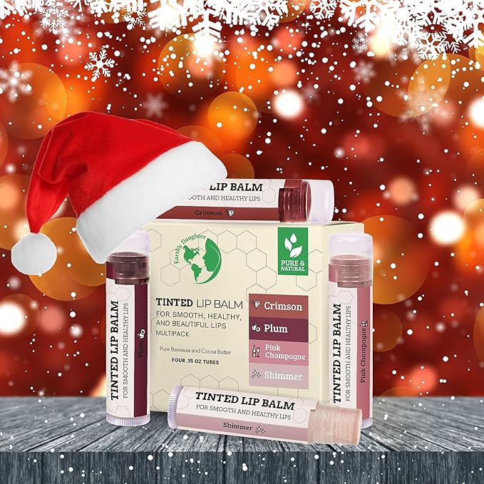 Earth's Daughter Tinted Lip Balm 4 Pack Stocking Stuffers of Assorted Colors - Beeswax, Coconut Oil, Cocoa Butter, Vitamin E - Moisturize and Beautify - Paraben Free