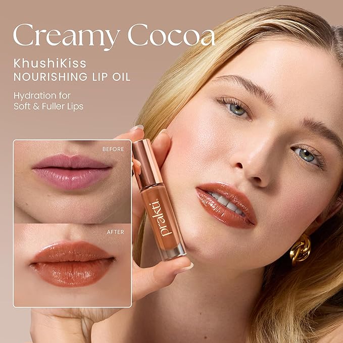 Prakti KhushiKiss Nourishing Lip Oil in Creamy Cocoa, Hydrates & Plumps Lips, High-Shine Finish, with Hyaluronic Acid & Peptides, 0.17 oz
