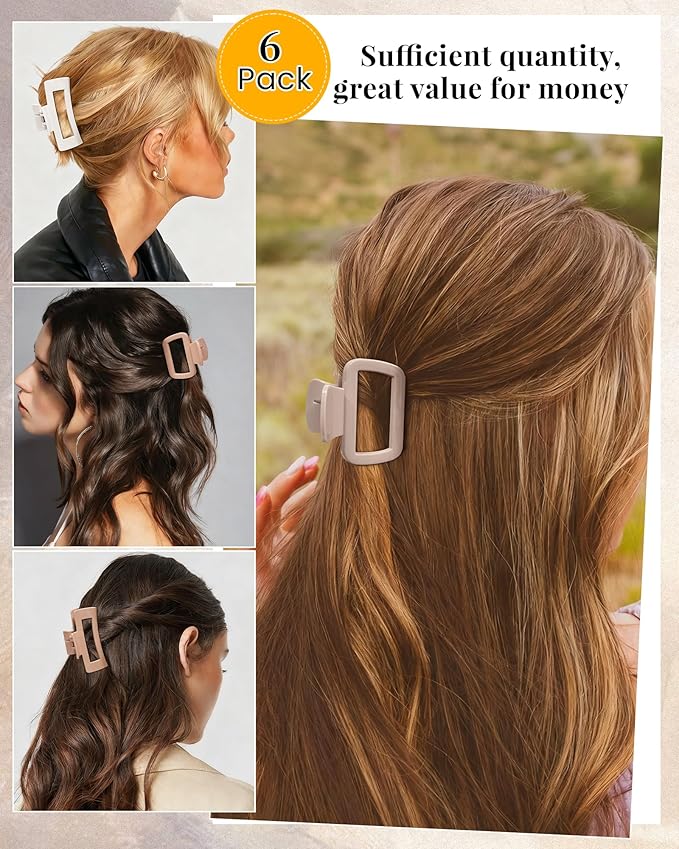 Mesovor 2 Styles Silicone Flexible Hair Claw Clips, 6 Pack Soft Bendable Hair Clips for Women | Rectangle Small Large Cozy Hairclips (White, Light Khaki, Dark Khaki)