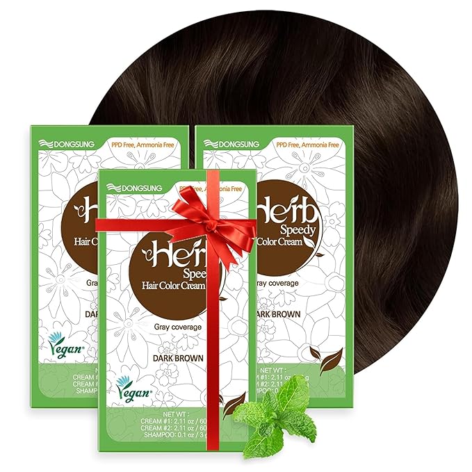 Dongsung Herb Speedy Color Cream (Dark Brown, 3 Pack), PPD-Free Ammonia-Free Vegan Gray Coverage Hair Dye with Sun Protection, Odorless, Gentle for Sensitive Scalp, No Eye or Scalp Irritation