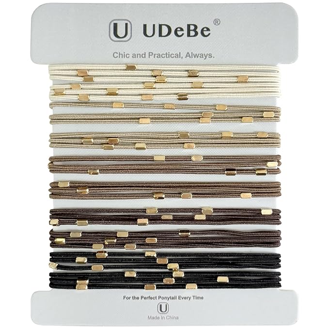 10 Packs Hair Ties with Rectangular Gold Focal Beads – Thin Elastic Ponytail Holders Hair Accessories for Women