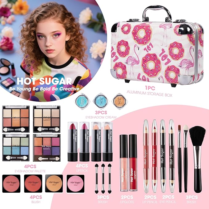 Hot Sugar All In One Makeup Set for Adults and Girls-Full Makeup Kit for Beginners Includes Eye Shadow Palette Blush Lip Gloss Lipstick Lip Pencil Eye Pencil Brush Mirror (Doughnut)