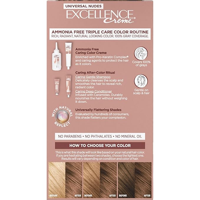 L’Oreal Paris Excellence Universal Nudes Permanent Hair Color, Ammonia Free Hair Dye for Gray Hair Coverage, 7N Natural Dark Blonde, 1 Hair Dye Kit