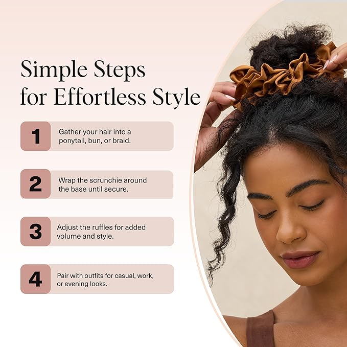 Kitsch Recycled Satin Ruffle Scrunchie – Gentle Hair Scrunchie for Women, Eco-Friendly Hair Tie No Damage, Stylish Ponytail Holder | Ideal Gifts for Women - Camel