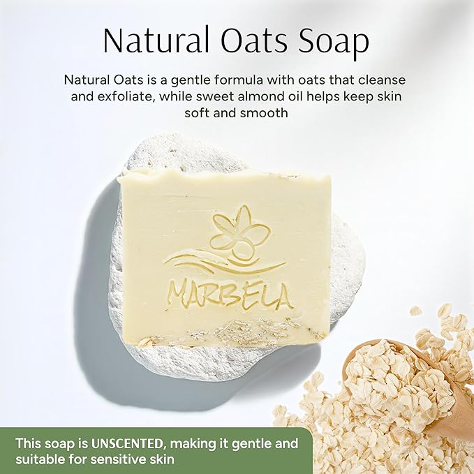 Marbela Cosmetics Natural Oats Handmade Soap Bar - Made in USA, Vegan Friendly, Palm Oil Free, Natural Bar Soap - Gentle Face & Body Soap for Daily Skin Care, Moisturizing & Nourishing - 3.5 oz