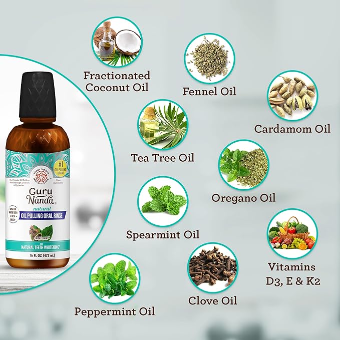 GuruNanda CocoMint Oil Pulling Mouthwash for Complete Oral Hygiene, 7 Essential Oils & Vitamins for Happy Teeth & Gums & Fresh Breath, Alcohol-Free, 16 oz