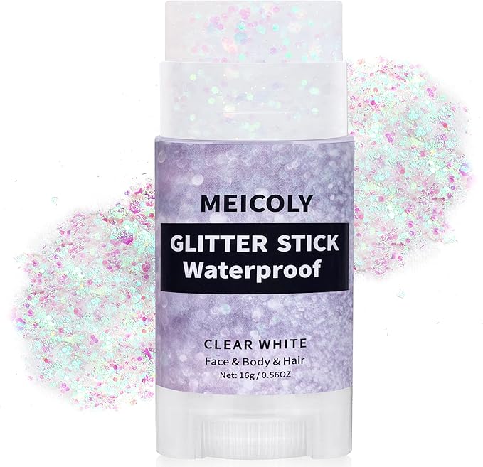 MEICOLY Clear White Face Body Glitter Stick,Hair Glitter Stick for Women,Sparkle Chunky Glitter Makeup,Waterproof Face Glitter for Party Rave Festival